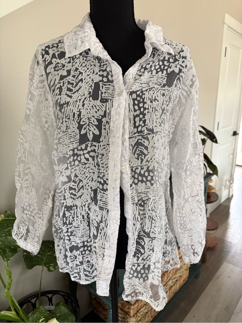 Erika White Sheer Textured Button-Down Shirt
